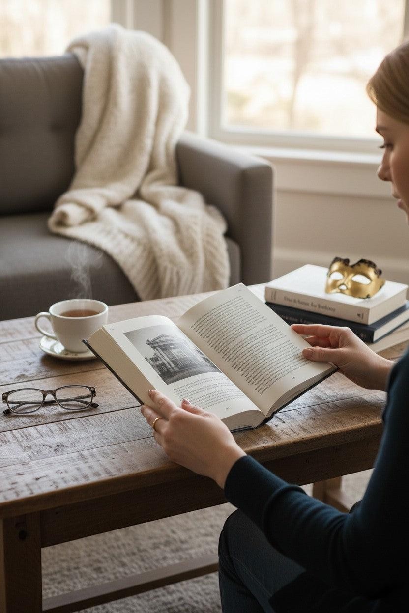 Thrive Collective Publishing's Architect of Desire book, a true crime story about a Gilded Age murder, with a woman reading it in a cozy setting.