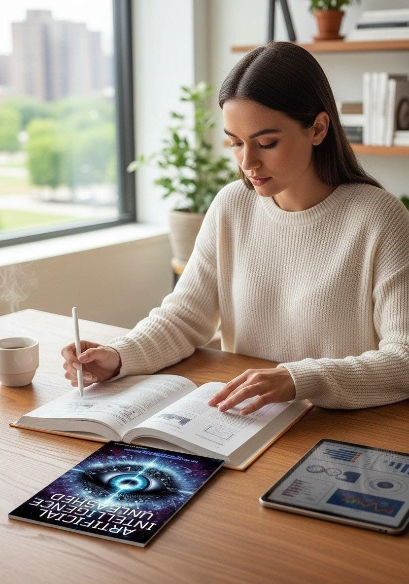 Thrive Collective Publishing book cover for Artificial Intelligence Unleashed, featuring a futuristic eye graphic. A woman studies at a table with the book and a tablet.