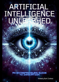 Thrive Collective Publishing's "Artificial Intelligence Unleashed" book cover, featuring a futuristic eye with glowing blue iris against a starry, cosmic background with circuit patterns.