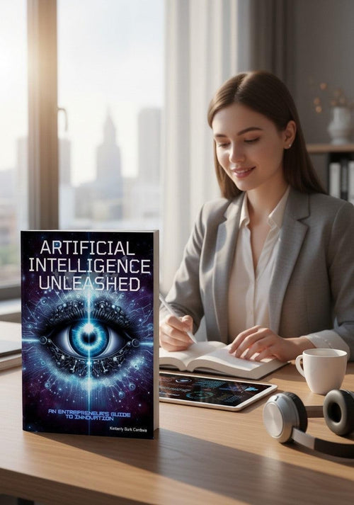 Thrive Collective Publishing's Artificial Intelligence Unleashed book cover, featuring a futuristic eye and digital circuits. A woman in a grey suit is writing in a notebook.