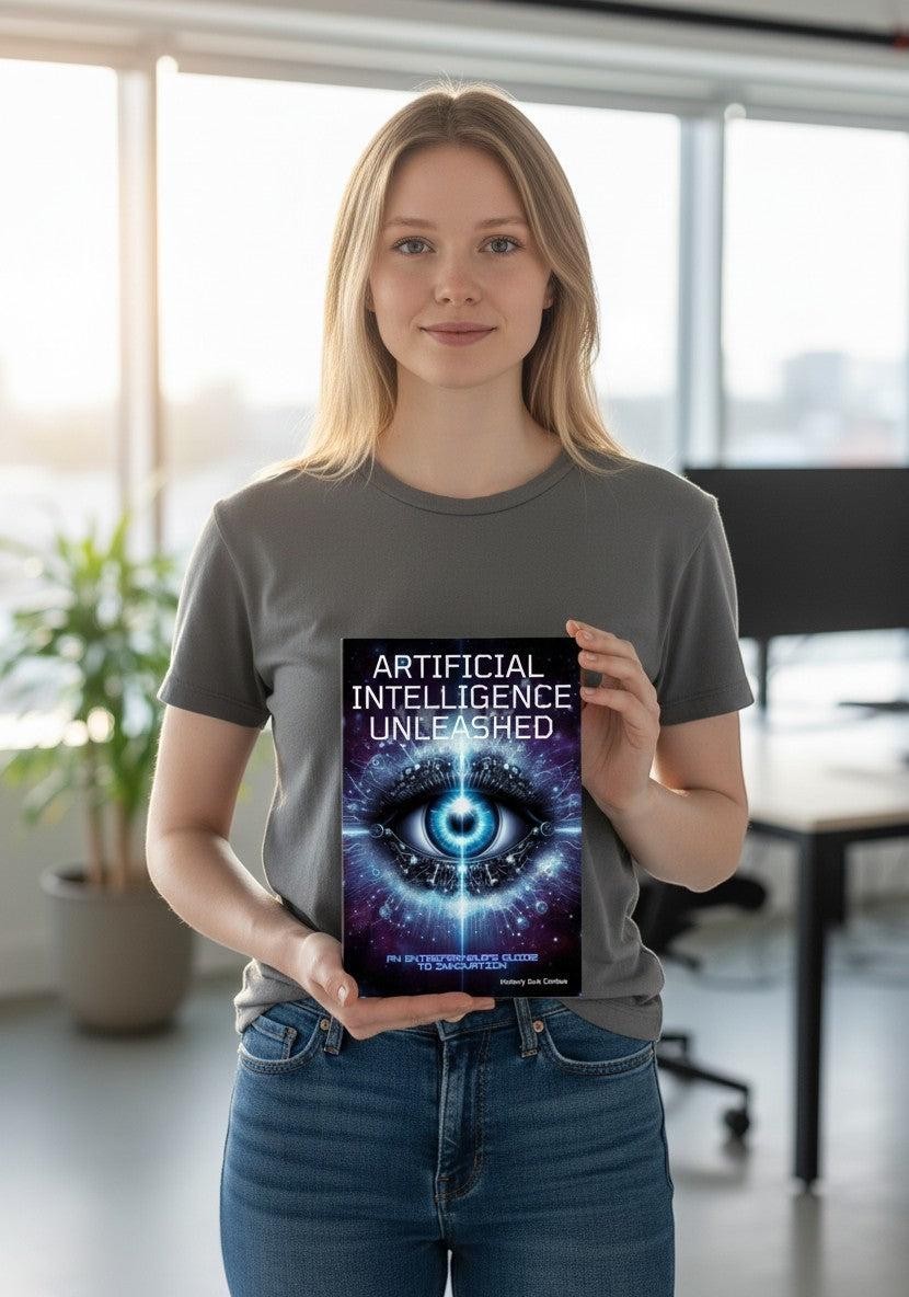Thrive Collective Publishing's "Artificial Intelligence Unleashed" book cover, featuring a futuristic eye and AI imagery. Guide for entrepreneurs.