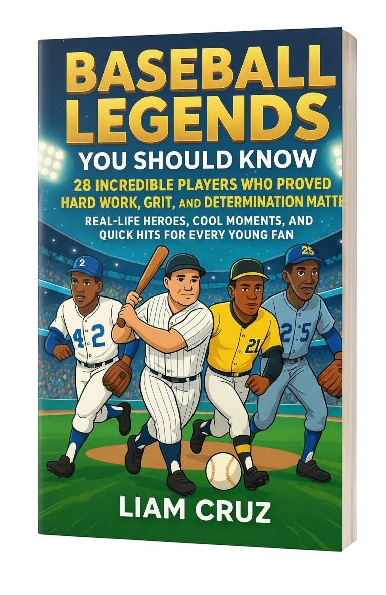 Baseball Legends You Should Know book cover featuring four cartoon baseball players on a field. Thrive Collective Publishing.