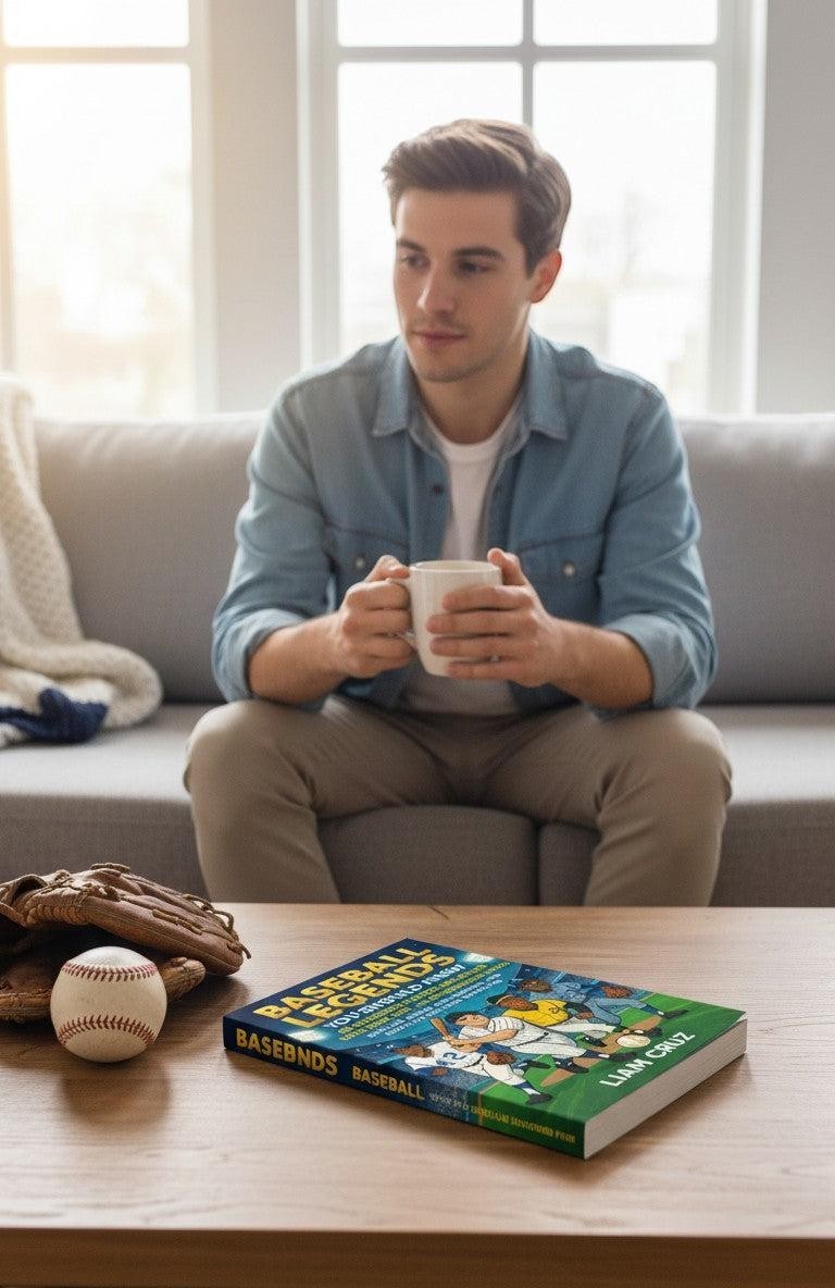 Thrive Collective Publishing's Baseball Legends You Should Know book, featuring illustrations of iconic players, with a baseball and glove on a table.