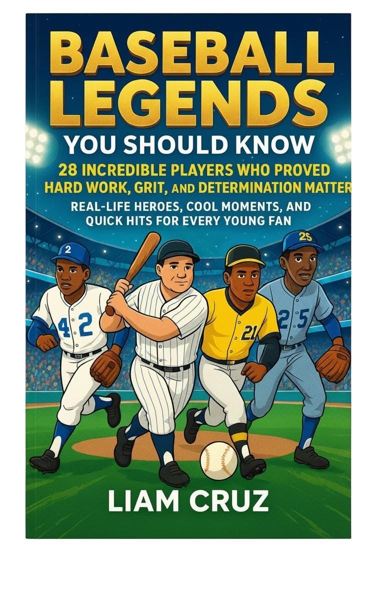 Baseball Legends You Should Know book cover featuring four diverse cartoon baseball players in uniform on a field, published by Thrive Collective Publishing.
