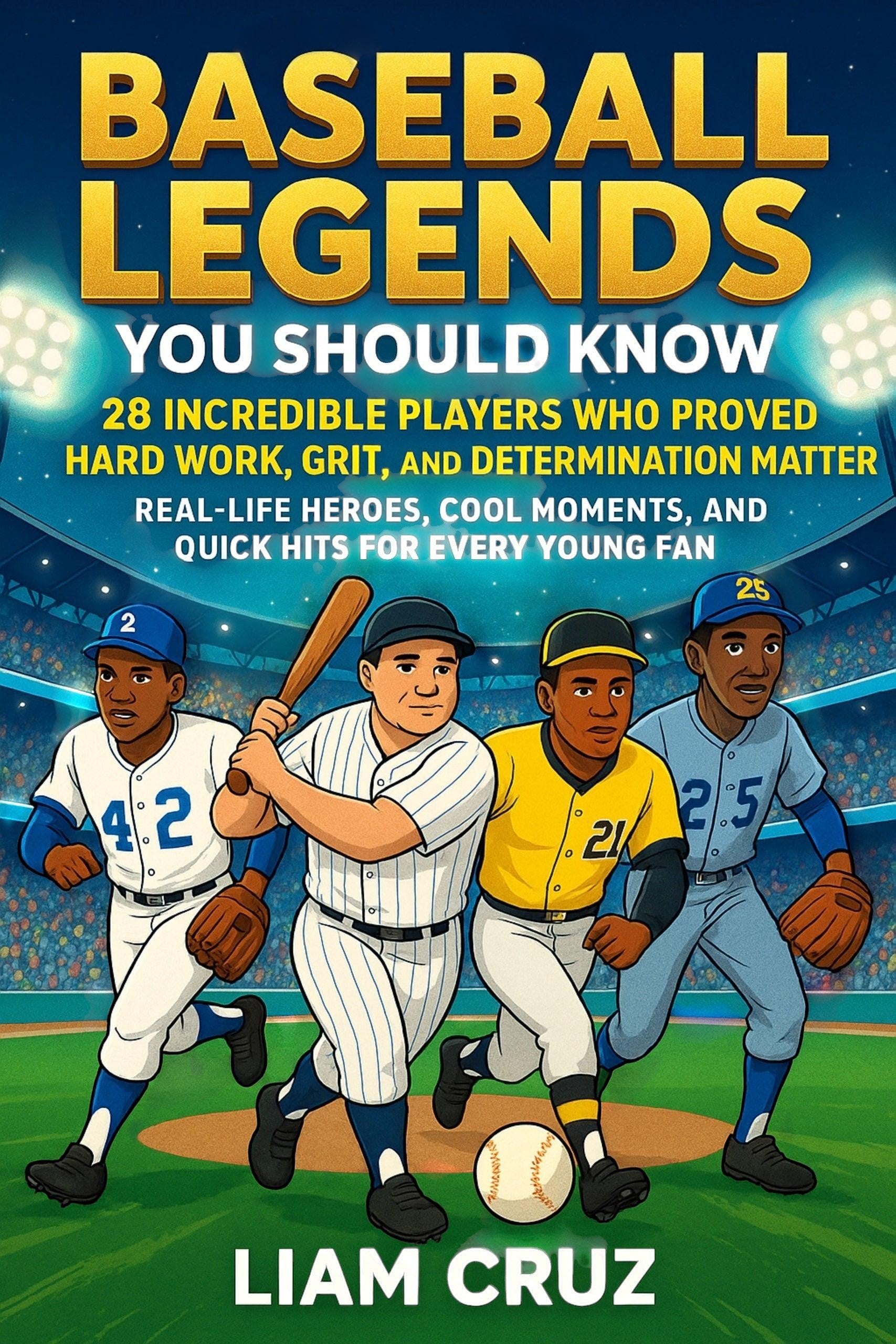 Thrive Collective Publishing's Baseball Legends You Should Know book cover, featuring cartoon baseball players and stadium lights.