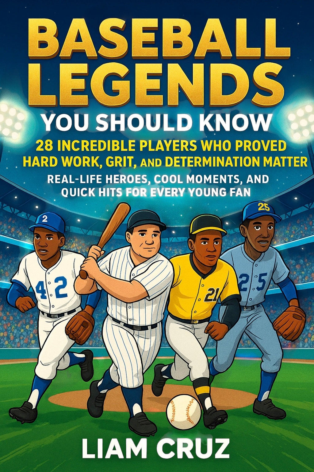 Thrive Collective Publishing Baseball Legends You Should Know book cover featuring four cartoon baseball players and stadium lights.