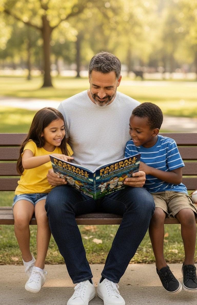 A father reads a "Baseball Legends You Should Know" book to his two children, a boy and a girl, on a park bench.