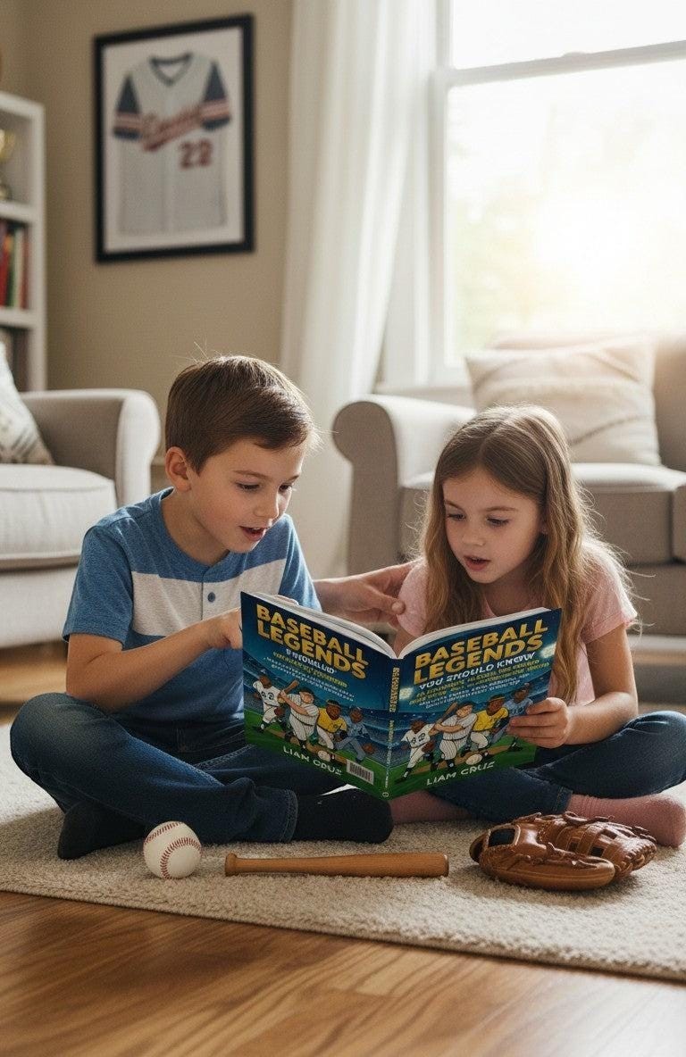 Thrive Collective Publishing's Baseball Legends You Should Know book, read by two children sitting on the floor with baseball gear.