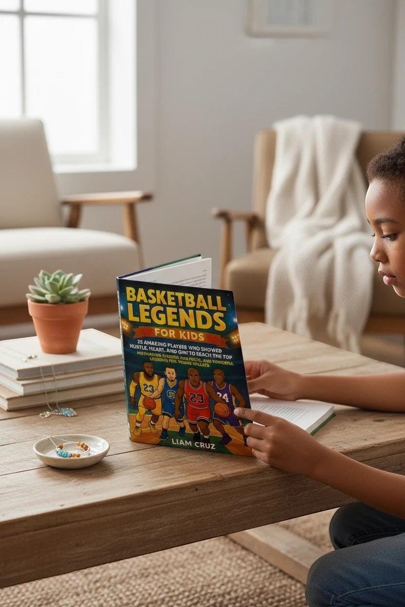 Thrive Collective Publishing Basketball Legends for Kids book cover featuring 25 players, ages 8-12. A young girl reads the book.