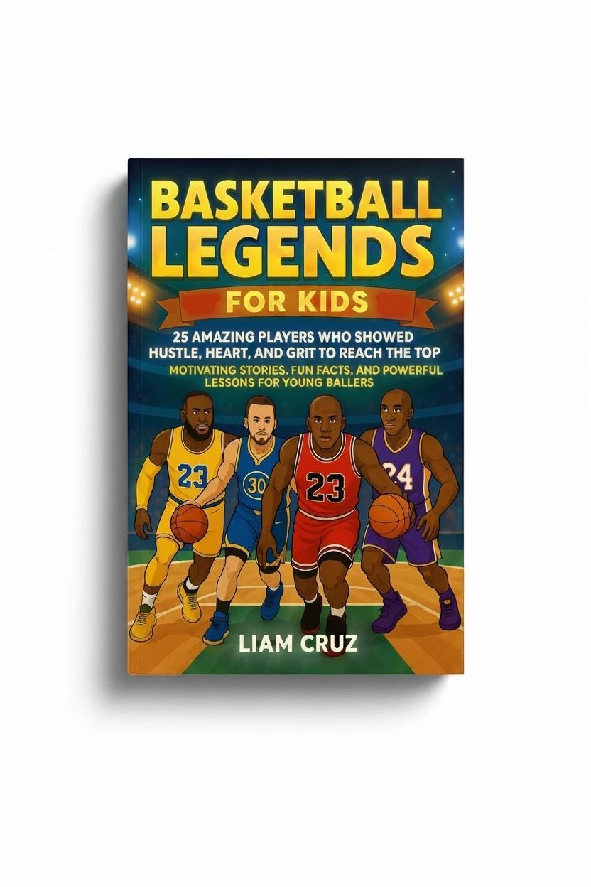 Basketball Legends for Kids book cover featuring illustrations of LeBron James, Steph Curry, Michael Jordan, and Kobe Bryant. Thrive Collective Publishing.