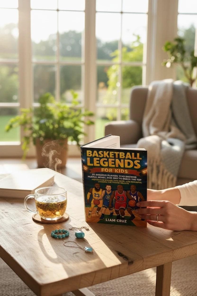Basketball Legends for Kids book cover, featuring illustrations of 4 players, held by hands on a wooden table with a cup of tea.
