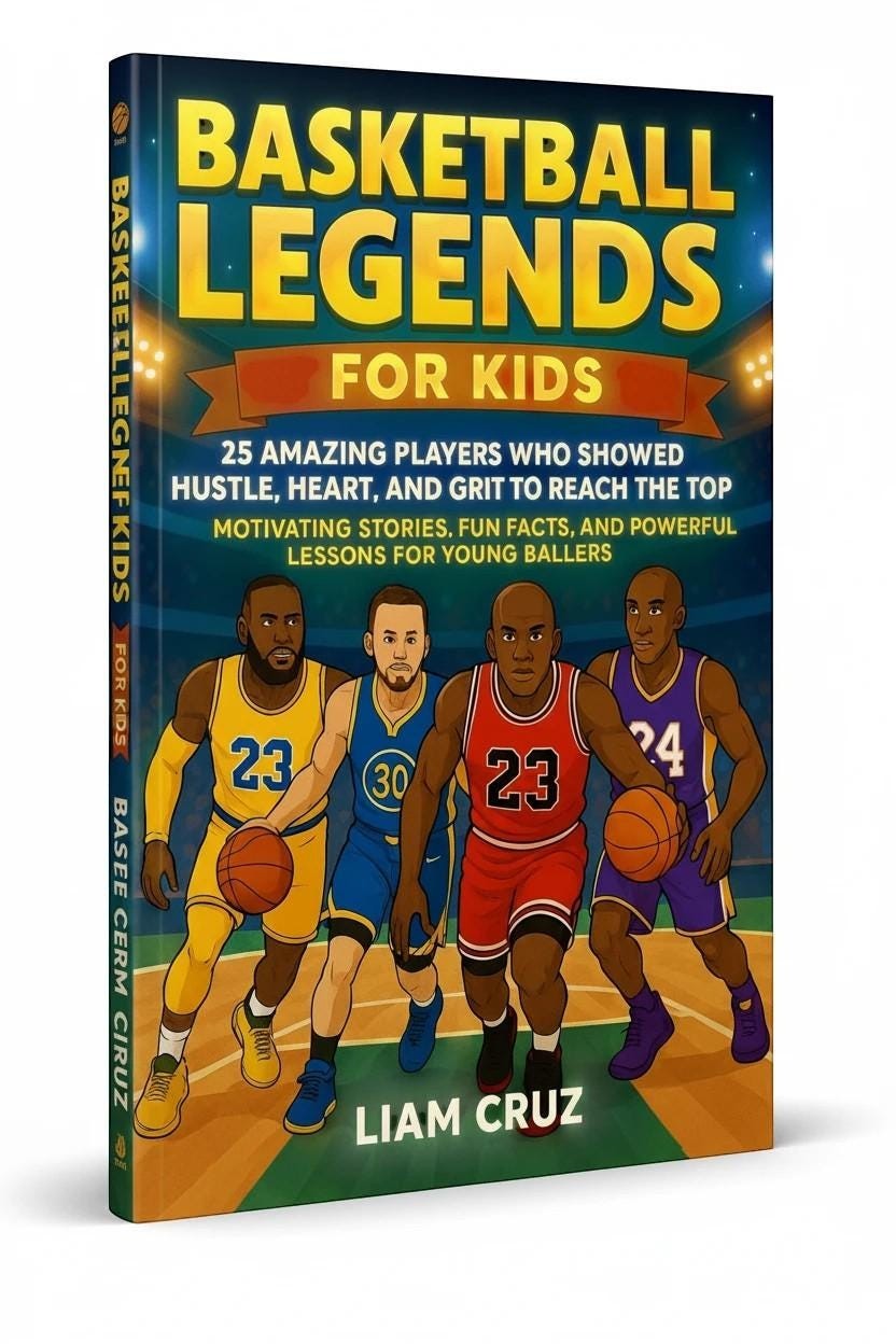 Thrive Collective Publishing Basketball Legends for Kids book cover featuring animated basketball players LeBron James, Steph Curry, Michael Jordan, and Kobe Bryant.