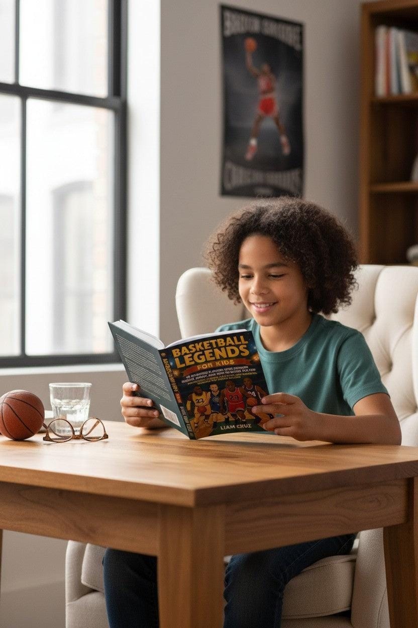 Thrive Collective Publishing Basketball Legends for Kids book cover featuring illustrations of famous players, read by a young boy.