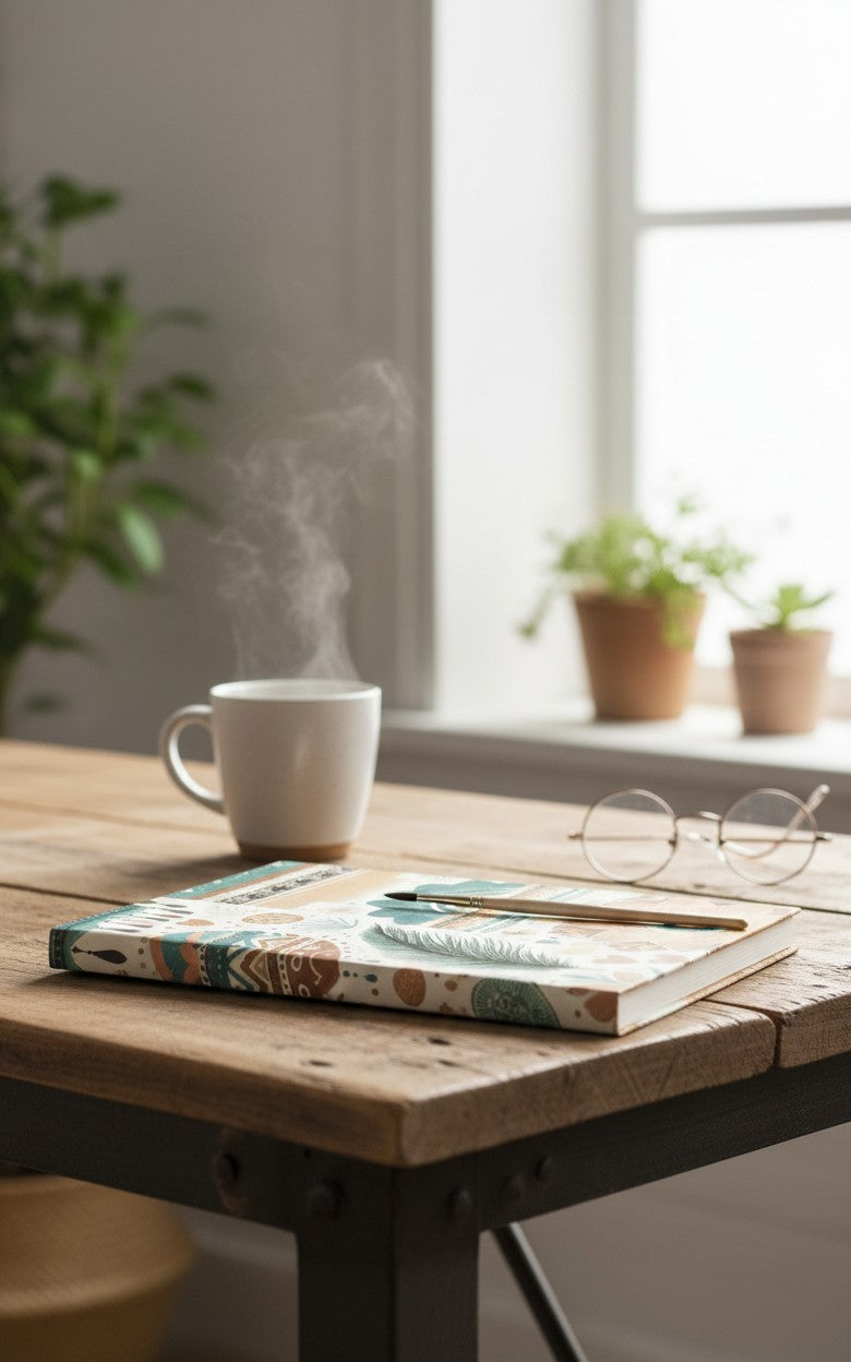 Thrive Collective Publishing Boho Bliss journal cover with earthy tones, tribal patterns, feathers, and floral motifs.