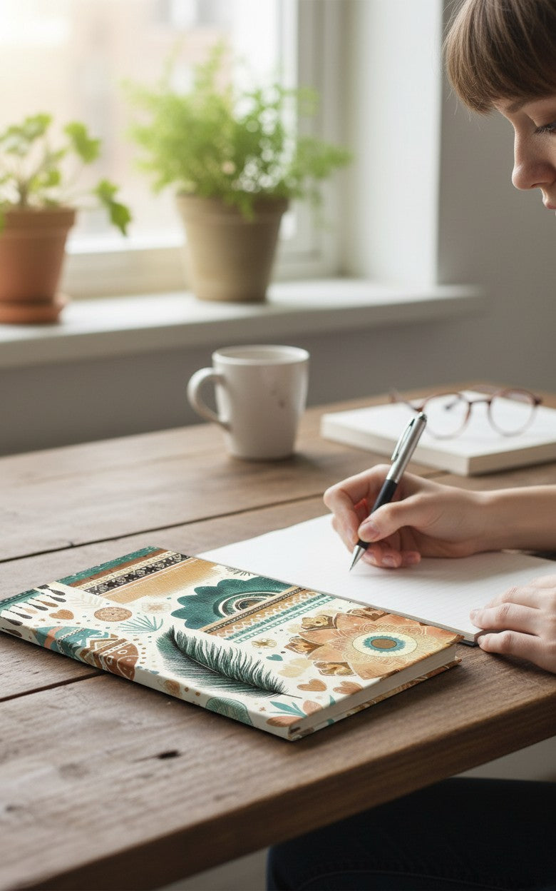 Thrive Collective Publishing Boho Bliss journal cover with earthy tones, tribal patterns, feathers, and floral motifs.