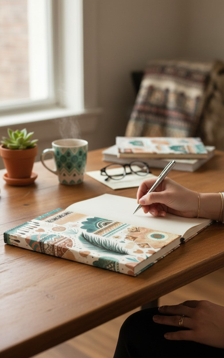 Thrive Collective Publishing Boho Bliss journal cover with earthy tones, tribal patterns, feathers, and floral motifs.