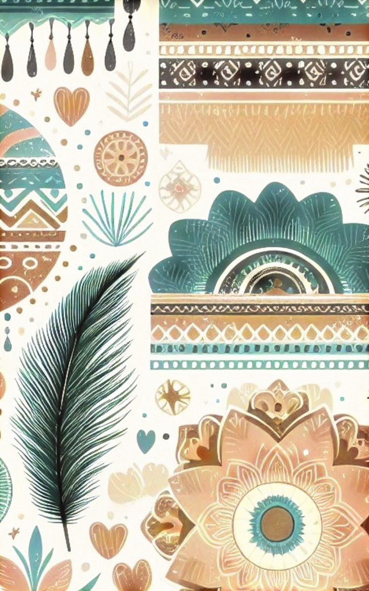 Thrive Collective Publishing Boho Bliss journal cover with earthy tones, feathers, hearts, and mandala designs.