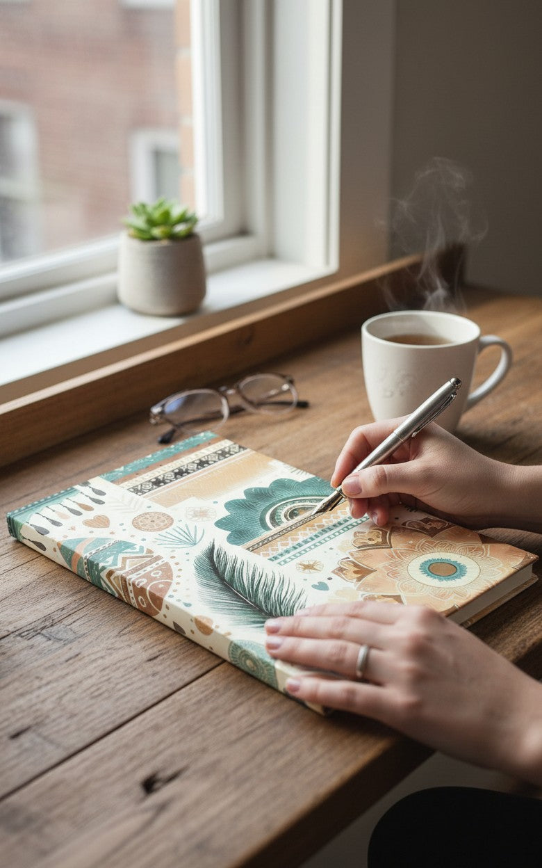 Thrive Collective Publishing Boho Bliss journal cover with earthy tones, tribal patterns, feathers, and floral motifs.