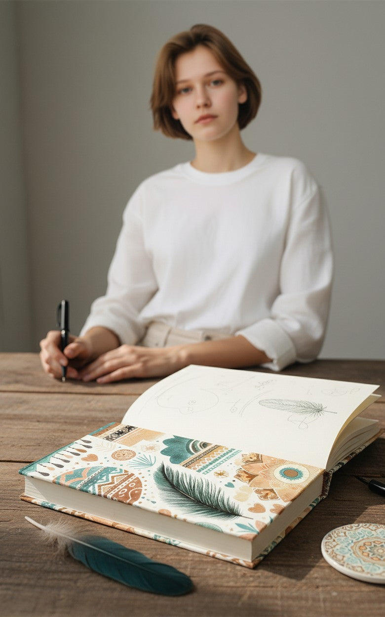 Thrive Collective Publishing Boho Bliss journal cover with earthy tones, tribal patterns, feathers, and floral motifs.