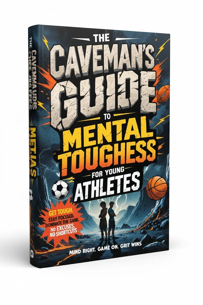 The Caveman's Guide to Mental Toughness for Young Athletes book cover. Features two young athletes, sports balls, and a dramatic mountain landscape. Thrive Collective Publishing.