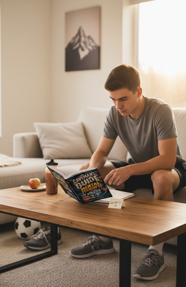 The Caveman's Guide to Mental Toughness for Young Athletes book cover. Features a dramatic mountain landscape with lightning and sports balls.
