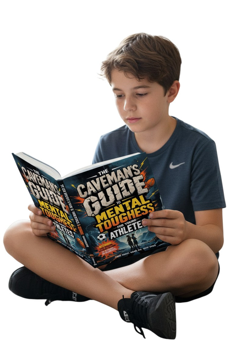 The Caveman's Guide to Mental Toughness for Young Athletes book cover. Features two young athletes, sports balls, and a dramatic mountain landscape.