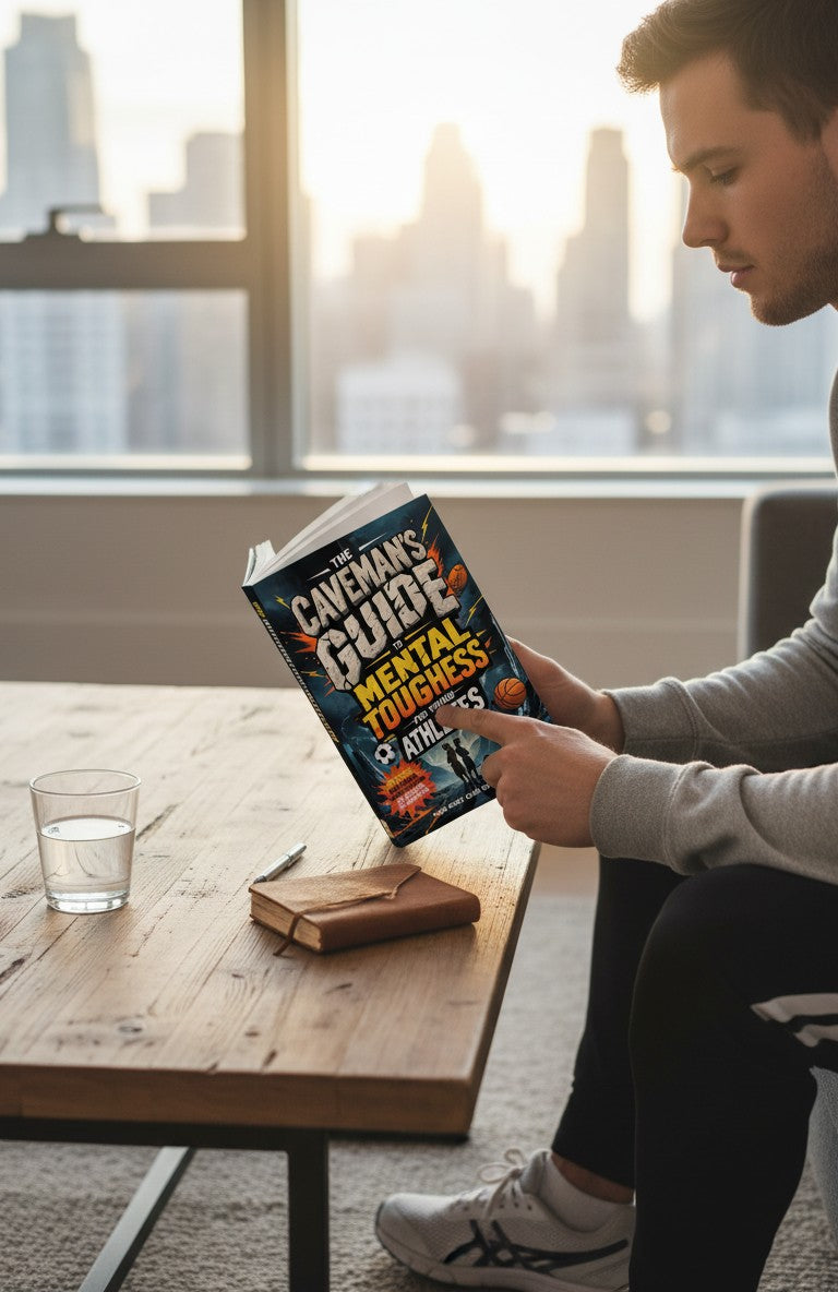 The Caveman's Guide to Mental Toughness for Young Athletes book cover. Features rocky, bold text and athletic imagery.