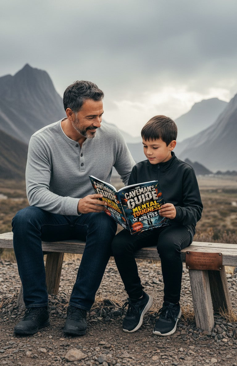 The Caveman's Guide to Mental Toughness for Young Athletes book cover. Features two young athletes, sports balls, and a dramatic mountain landscape.