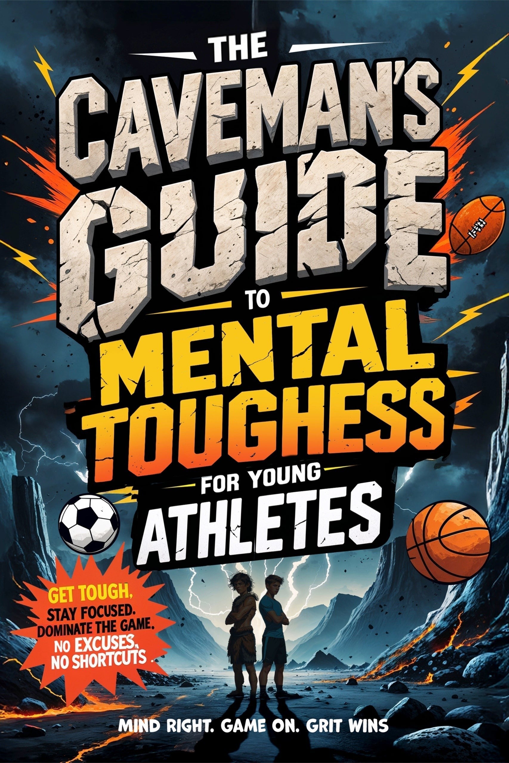 The Caveman's Guide to Mental Toughness for Young Athletes book cover by Thrive Collective Publishing. Features two young athletes, sports balls, and a dramatic mountain landscape.
