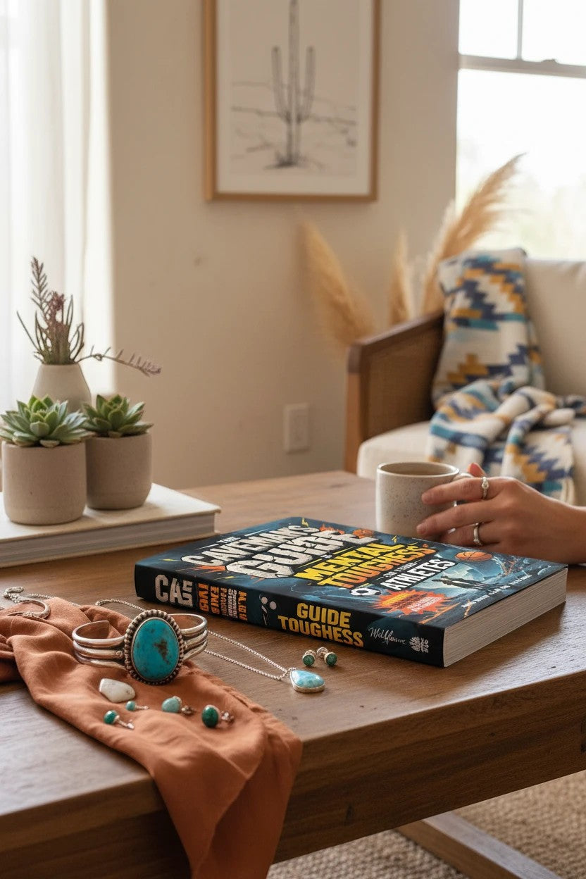 Thrive Collective Publishing's The Caveman's Guide for Young Athletes book on a wooden table with jewelry.