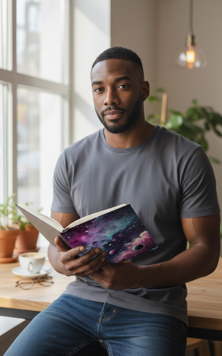 Thrive Collective Publishing Just Write journal cover with a vibrant purple, pink, and teal nebula, stars, planets, and geometric constellations.