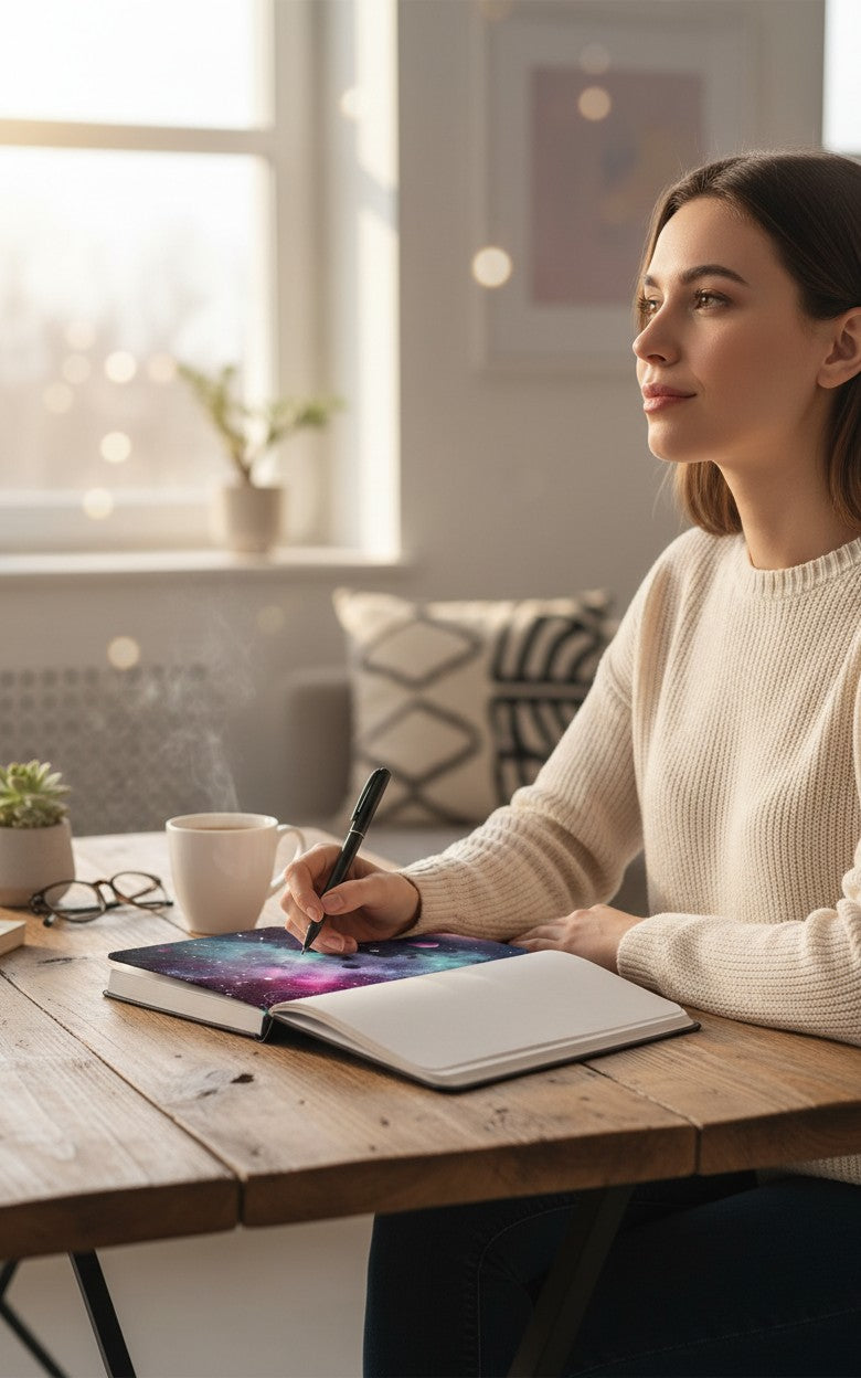 Thrive Collective Publishing Just Write journal cover with a vibrant purple, pink, and blue nebula, stars, planets, and geometric constellations.