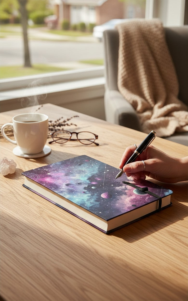 Thrive Collective Publishing Just Write Celestial Wonders journal cover with purple, pink, and blue nebula, stars, planets, and constellations.