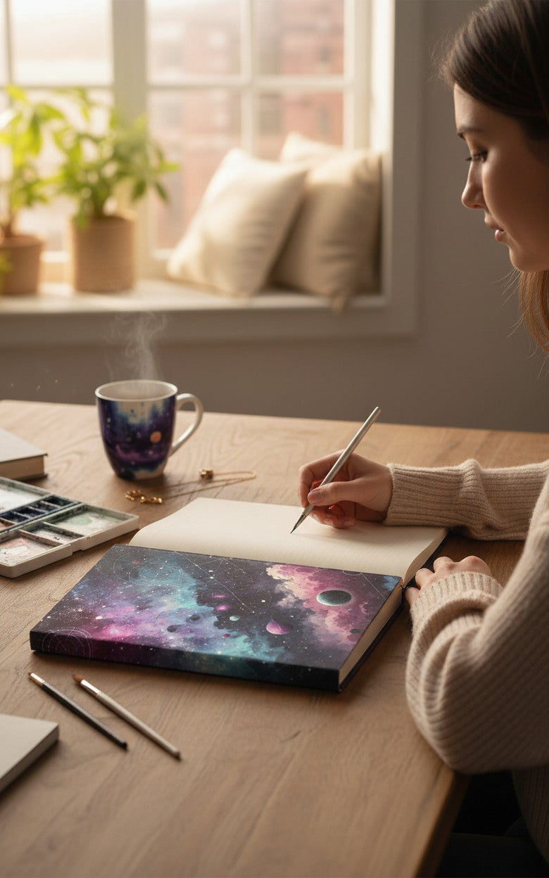 Thrive Collective Publishing Just Write Celestial Wonders journal cover with stars, planets, and nebulae in purple, pink, and blue.