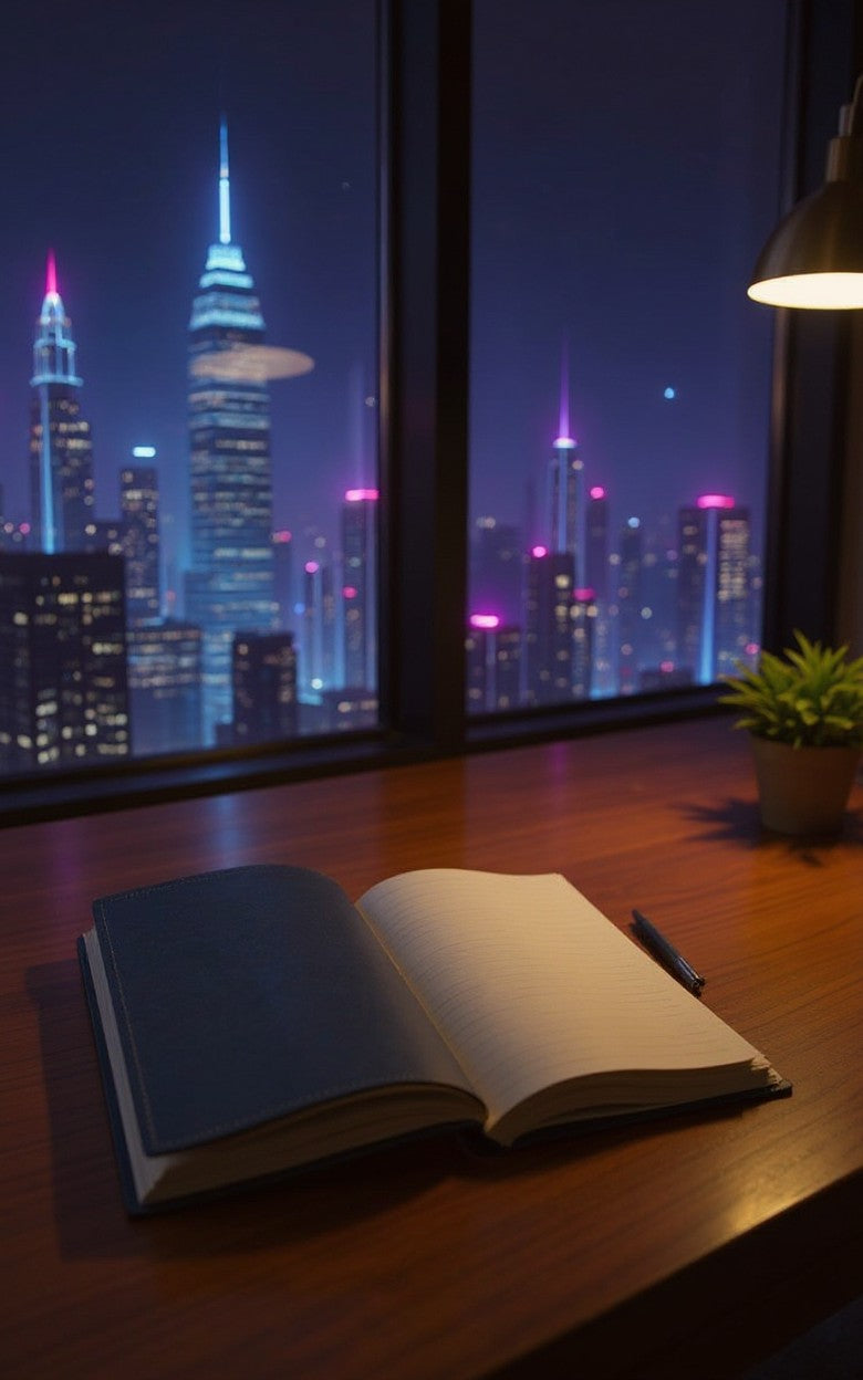 Thrive Collective Publishing Just Write journal cover with neon cityscape in blue and pink hues. Modern architectural design.