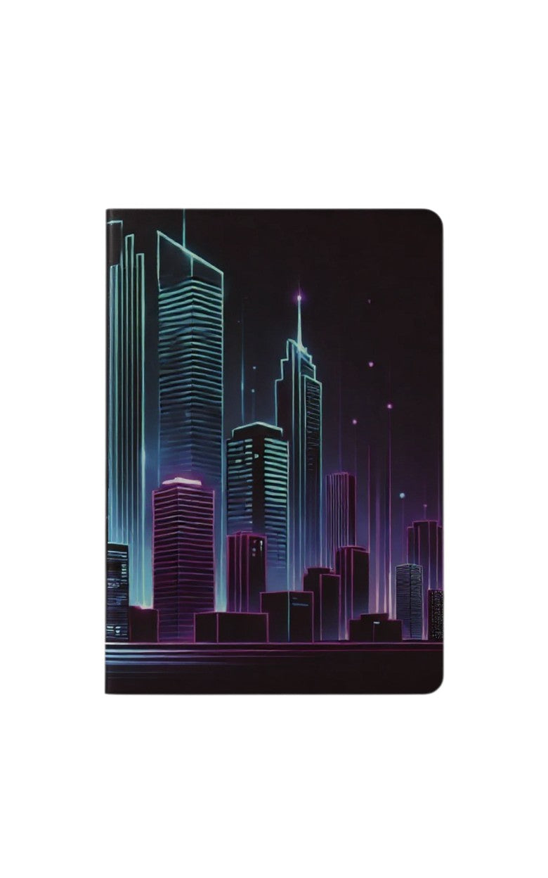 Thrive Collective Publishing Just Write Cityscape Views journal cover with neon blue and pink skyscrapers against a dark background.