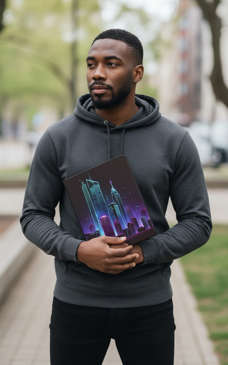 Thrive Collective Publishing Just Write Cityscape Views journal cover with neon blue and pink skyscrapers against a dark sky.