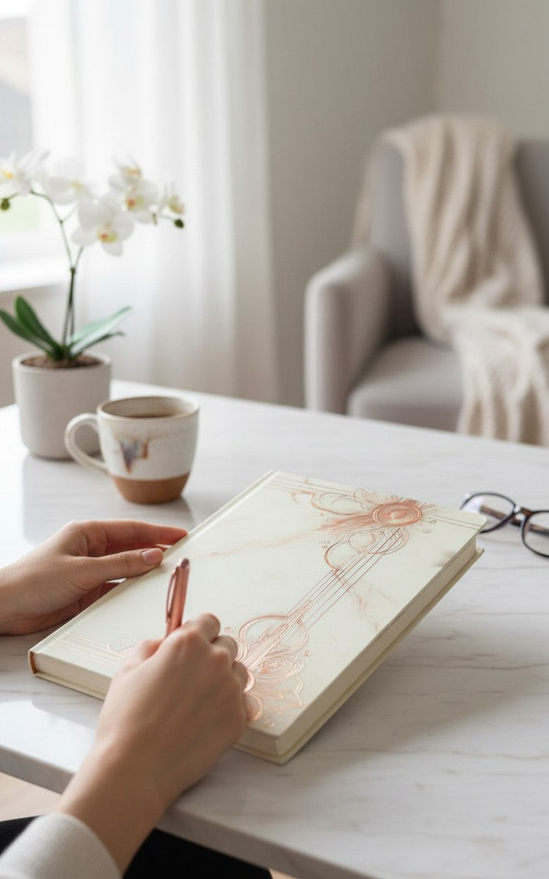 Thrive Collective Publishing Classic Marble journal with ornate rose gold art deco detailing on a cream marble background.