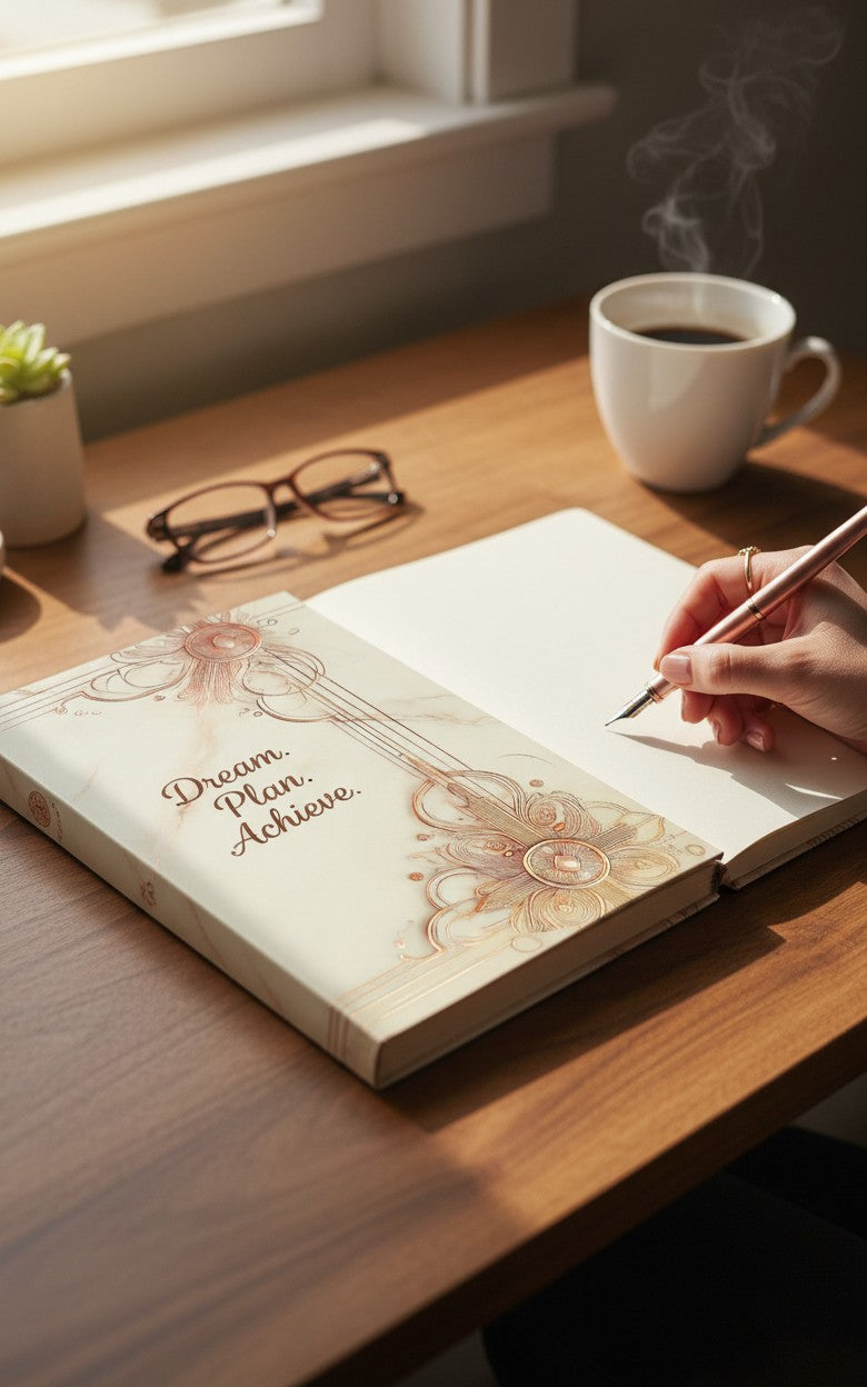 Thrive Collective Publishing Classic Marble journal with elegant rose gold art deco detailing on a marble background.