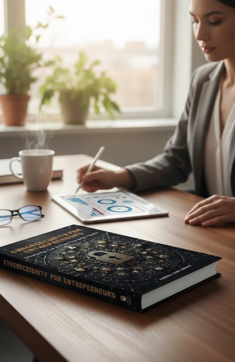 Thrive Collective Publishing's Cybersecurity for Entrepreneurs book, detailing online threat protection for small businesses. Features a lock graphic.