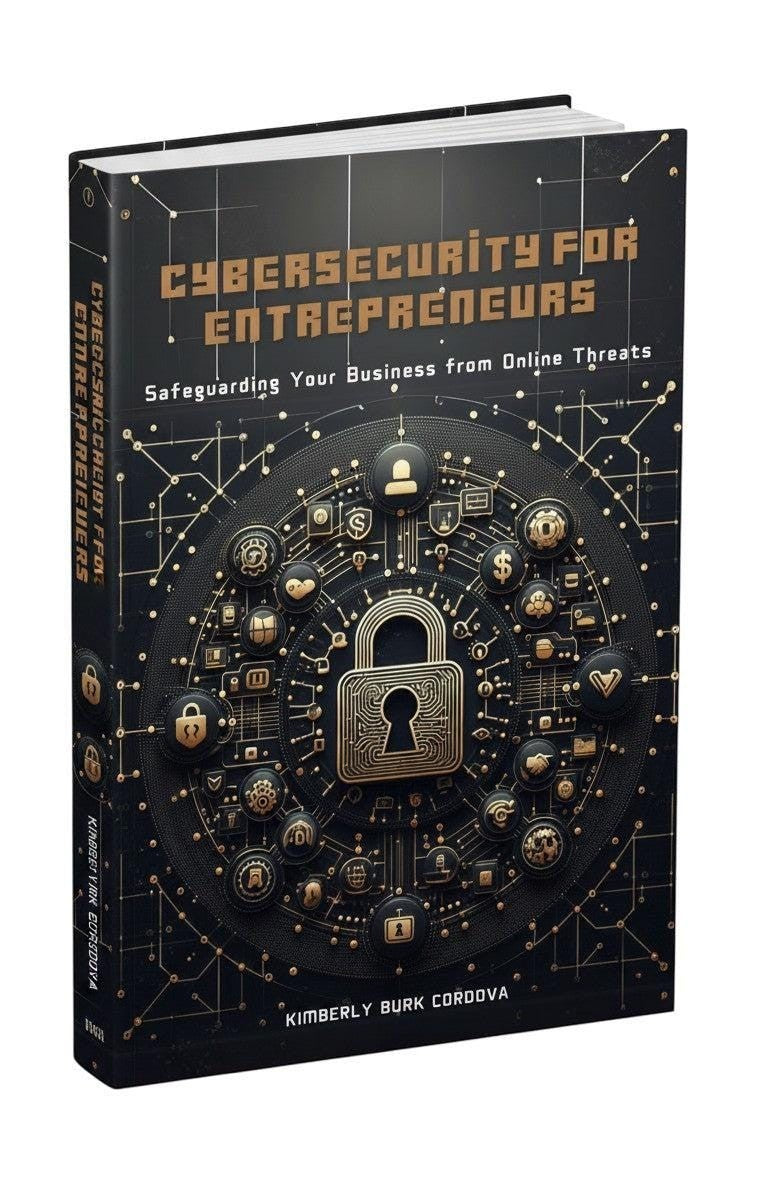 Cybersecurity for Entrepreneurs book cover by Thrive Collective Publishing, featuring a golden lock and tech icons on a black background.