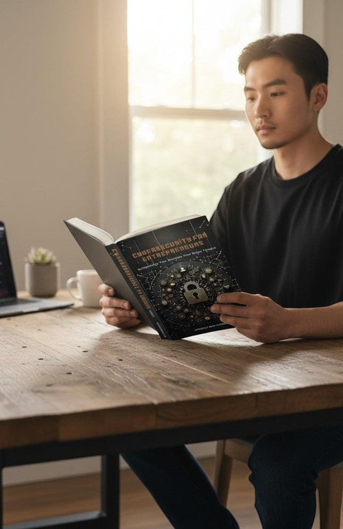 Thrive Collective Publishing's Cybersecurity for Entrepreneurs book, featuring a padlock and network design on the cover, held by a person reading at a table.