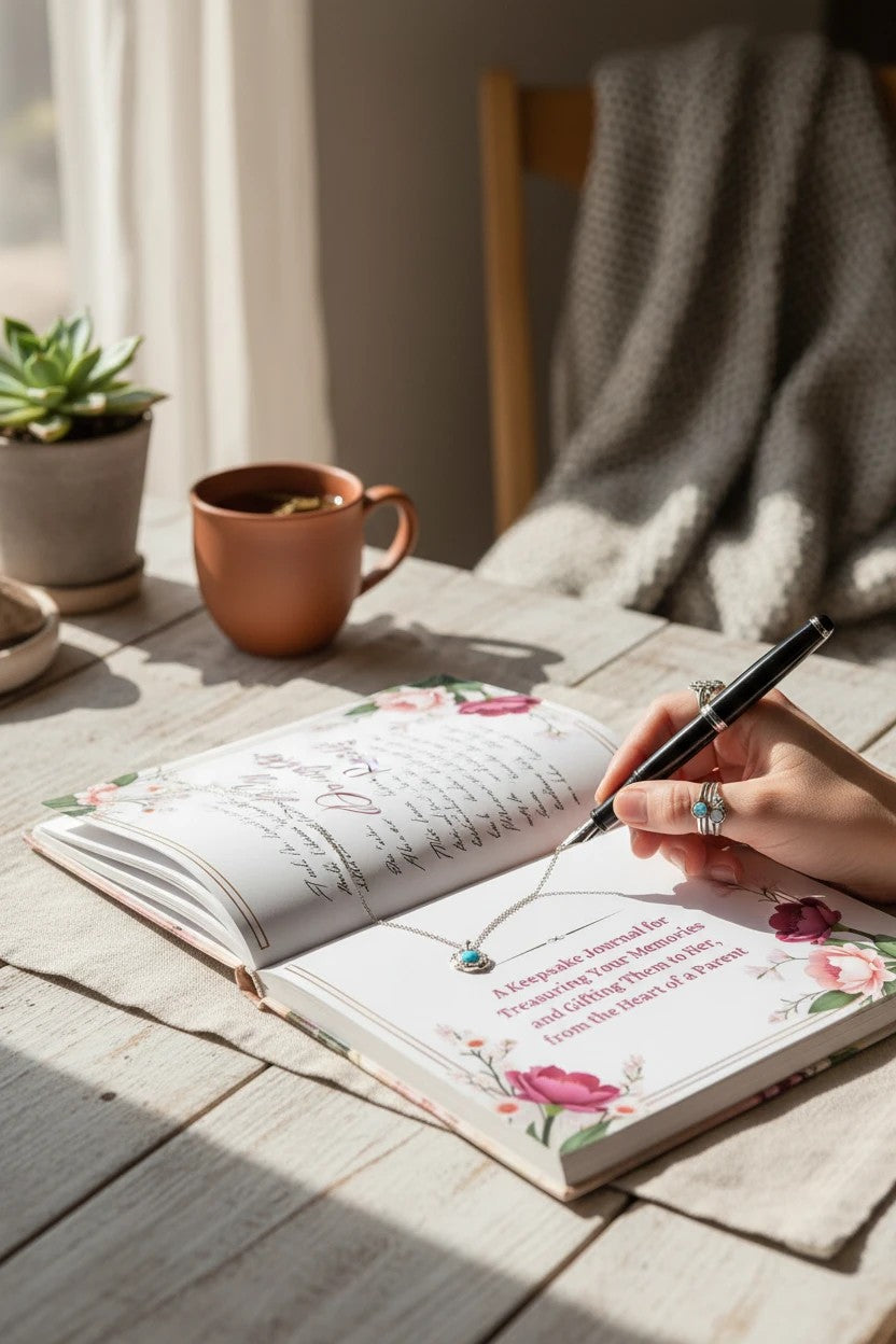 Thrive Collective Publishing My Daughter Rocks guided keepsake journal with floral accents, being written in.