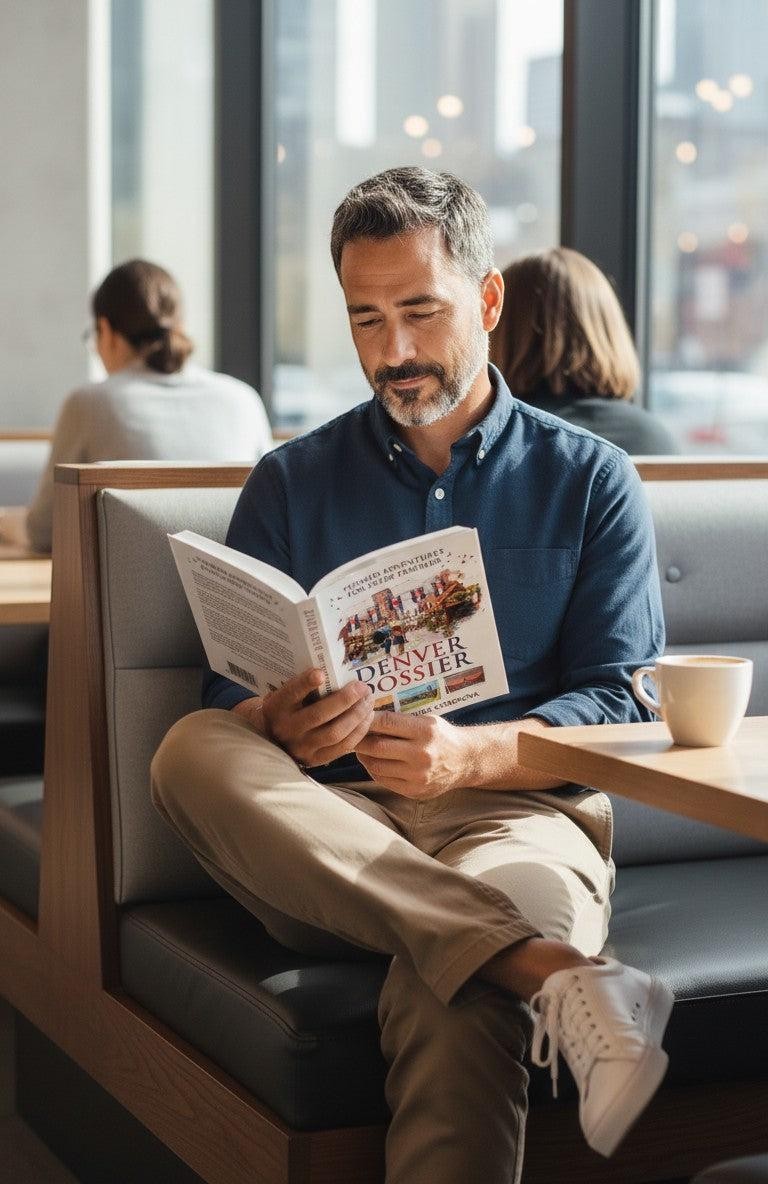 Thrive Collective Publishing Denver Dossier book cover featuring city skyline and text. Man reading book in cafe.