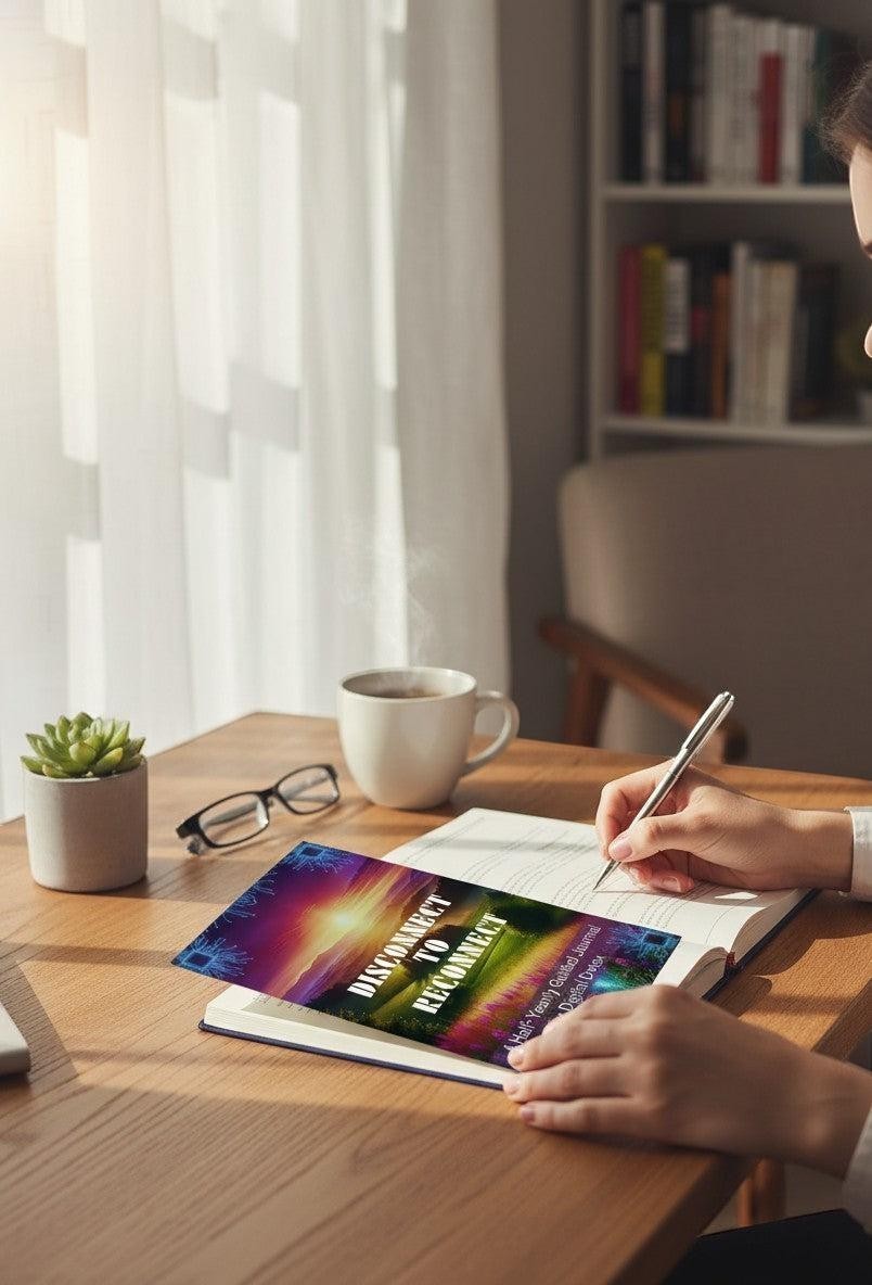 Thrive Collective Publishing Disconnect To Reconnect Half-Year Guided Digital Detox Journal with sunset landscape cover.