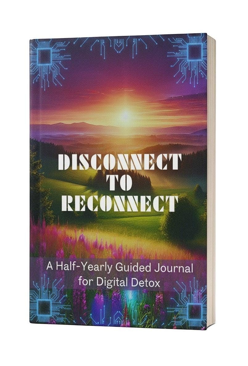Thrive Collective Publishing Disconnect To Reconnect half-yearly guided journal for digital detox. Features a sunset over rolling hills and digital circuit graphics.