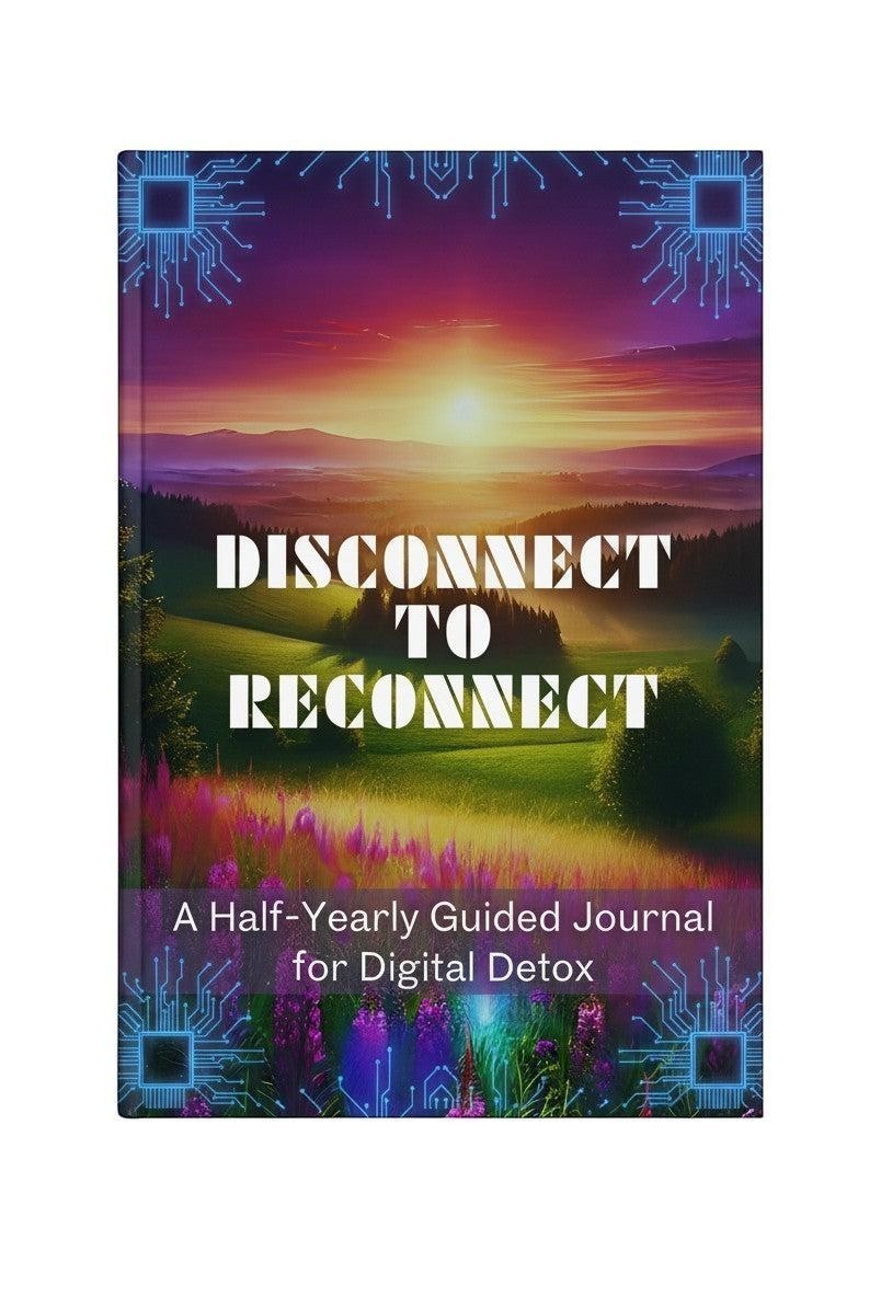 Thrive Collective Publishing Disconnect To Reconnect Half-Yearly Guided Journal for Digital Detox. Features a sunset over rolling hills and fields.