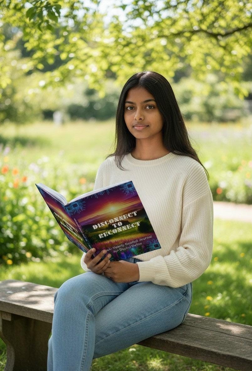 A young woman sits on a park bench holding an open journal titled "Disconnect To Reconnect" for a digital detox.