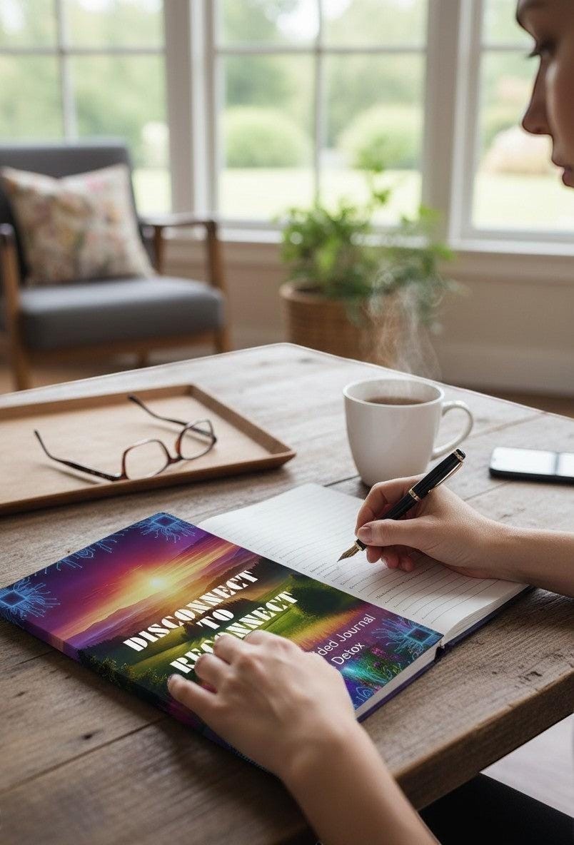 Thrive Collective Publishing Disconnect To Reconnect Guided Digital Detox Journal with sunset landscape cover.