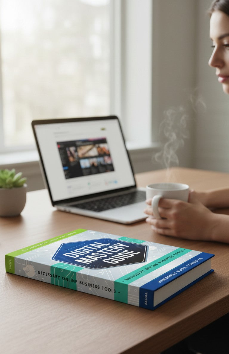 Digital Mastery Guide: Necessary Online Business Tools book cover by Thrive Collective Publishing. Features a blue hexagon with white text.
